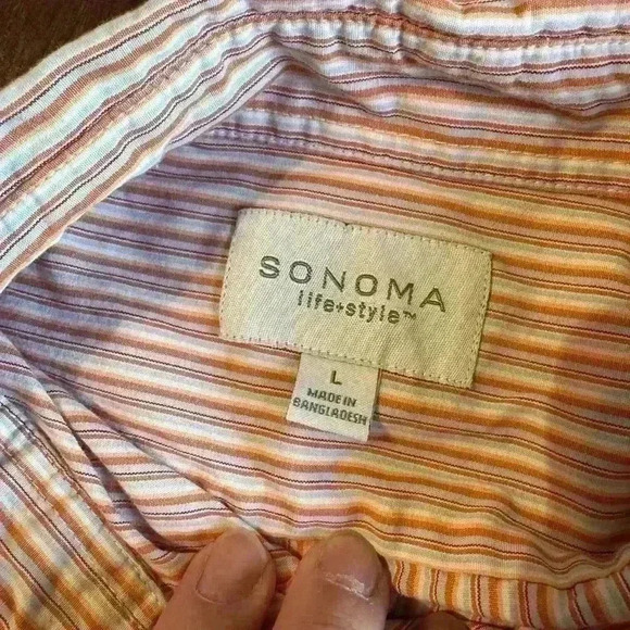 Sonoma Men’s LS Button Down Shirt Orange Blue White Striped Sz Large 100% Cotton - Picture 6 of 7